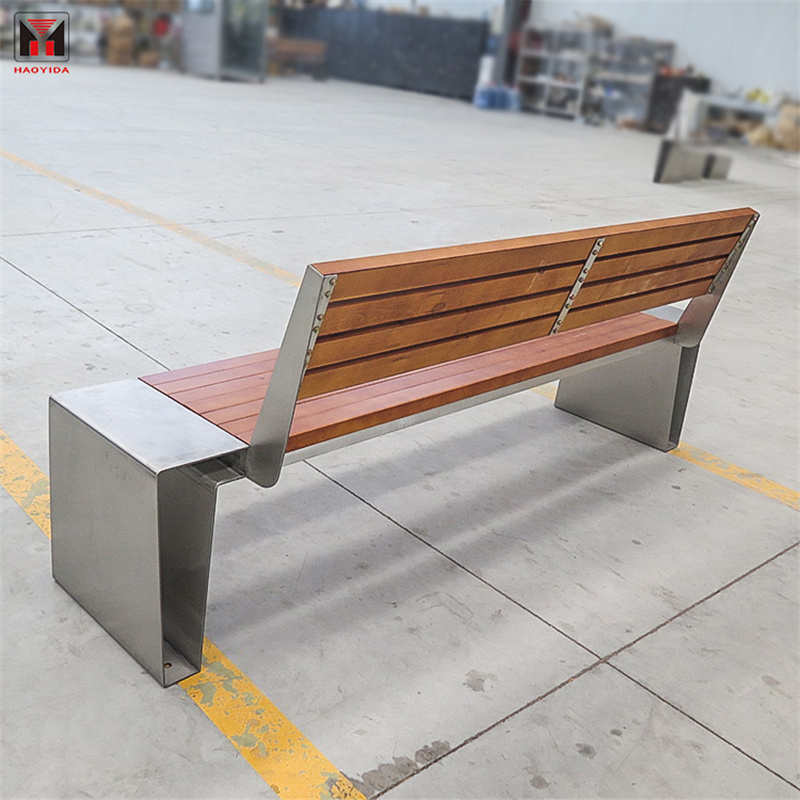 Park Street Wood Bench With Backrest And Stainless Steel Frame Factory Custom 