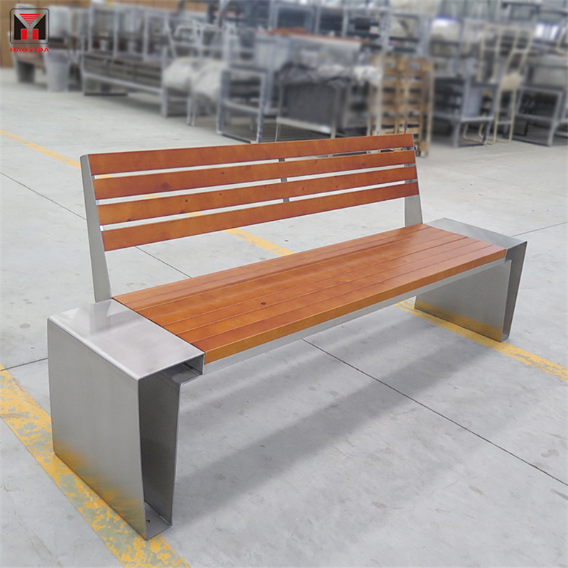 Park Street Wood Bench With Backrest And Stainless Steel Frame Factory Custom 1