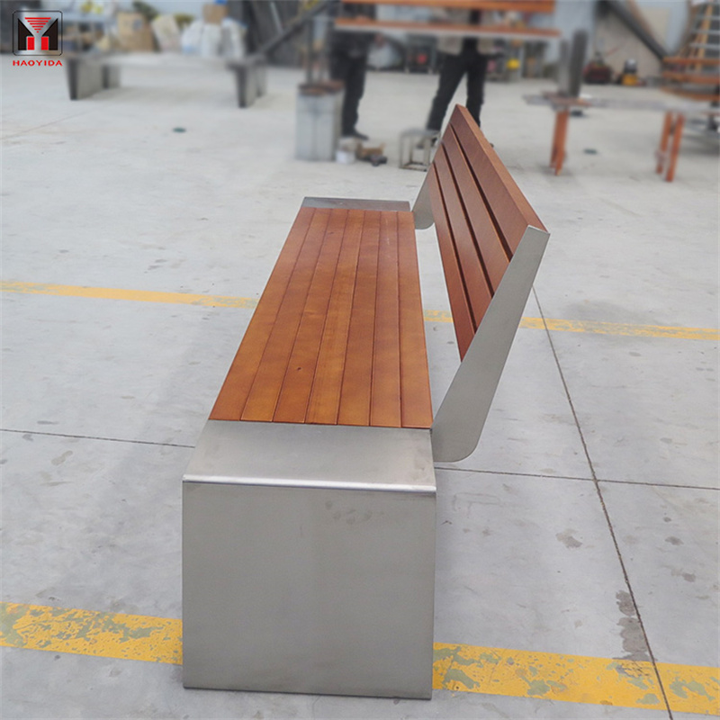 Park Street Wood Bench With Backrest And Stainless Steel Frame Factory Custom 3