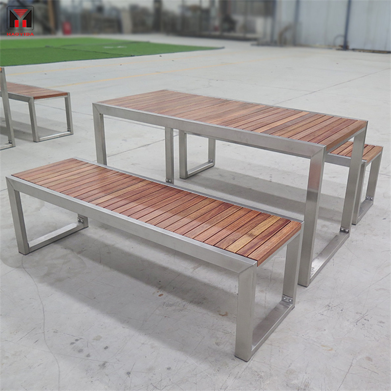 Outdoor Street Park Rectangular Wood Picnic Table With Stainless Steel Frame 