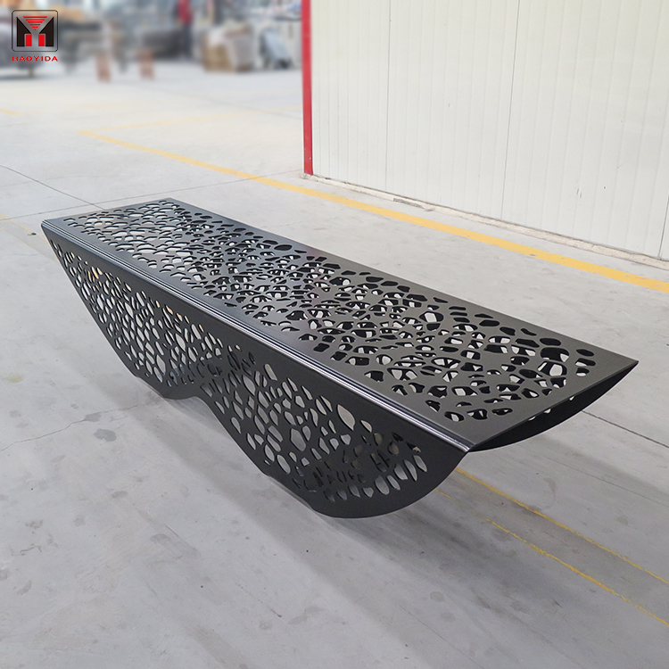 Modern Design Black Backless Perforated Steel Bench Outdoor Public Park Street 5