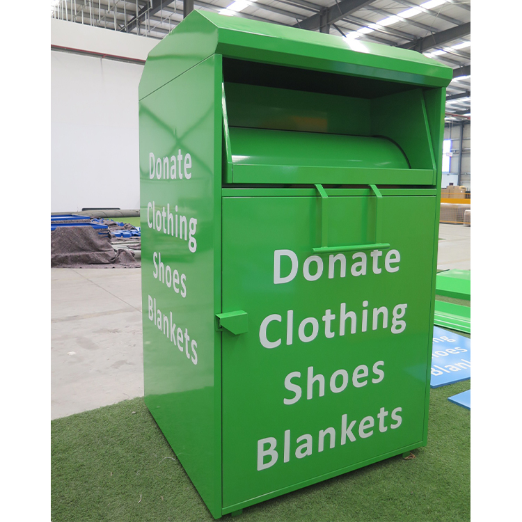 Powder-coated clothing donation bin with secure front-loading door
