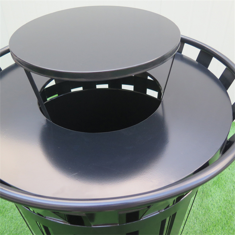 Wholesale Black 38 Gallon Outdoor Metal Slatted Trash Can Receptacle With Rain Bonnet Lid 12
