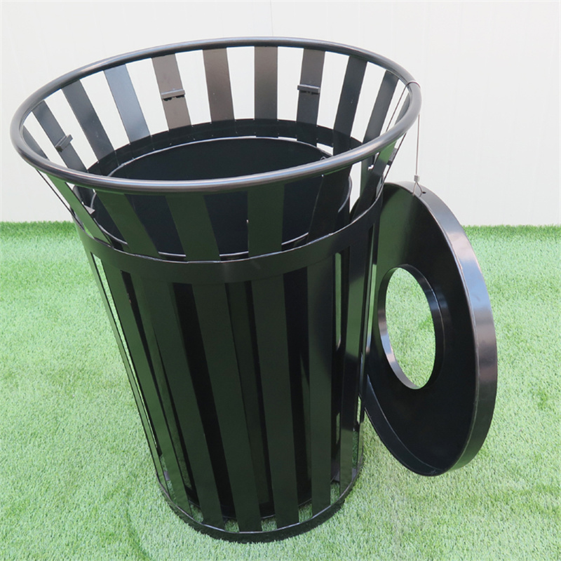Wholesale Black 38 Gallon Outdoor Metal Slatted Trash Can Receptacle With Rain Bonnet Lid 10