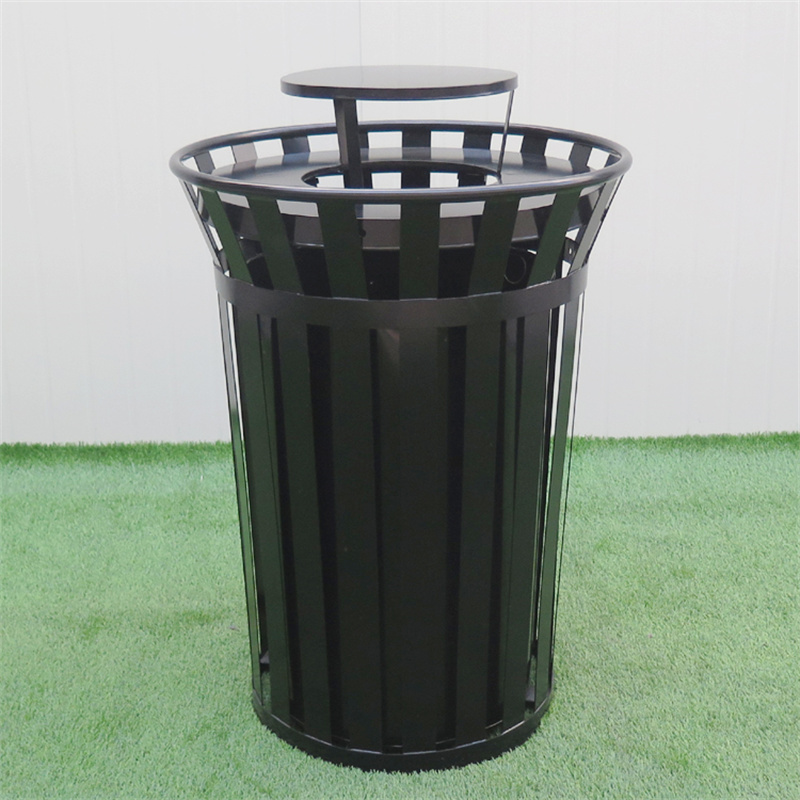 Wholesale Black 38 Gallon Outdoor Metal Slatted Trash Can Receptacle With Rain Bonnet Lid 11