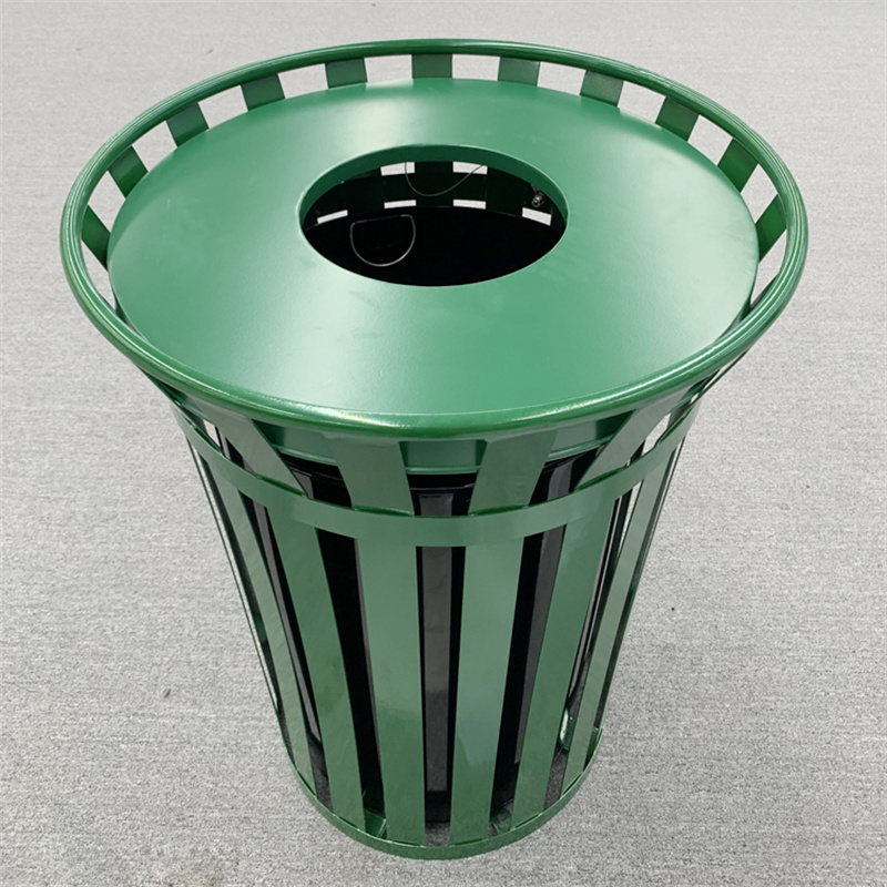 Wholesale 38 Gallon Green Steel Waste Receptacles Outdoor Street Metal Slatted Trash Can With Flat Lid 2