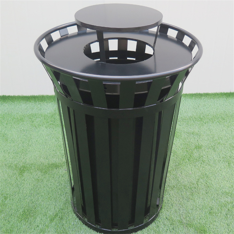 Wholesale Black 38 Gallon Outdoor Metal Slatted Trash Can Receptacle With Rain Bonnet Lid 9