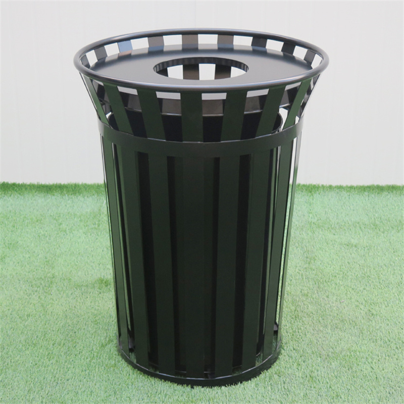 Wholesale Black 38 Gallon Outdoor Metal Slatted Trash Can Receptacle With Rain Bonnet Lid 7