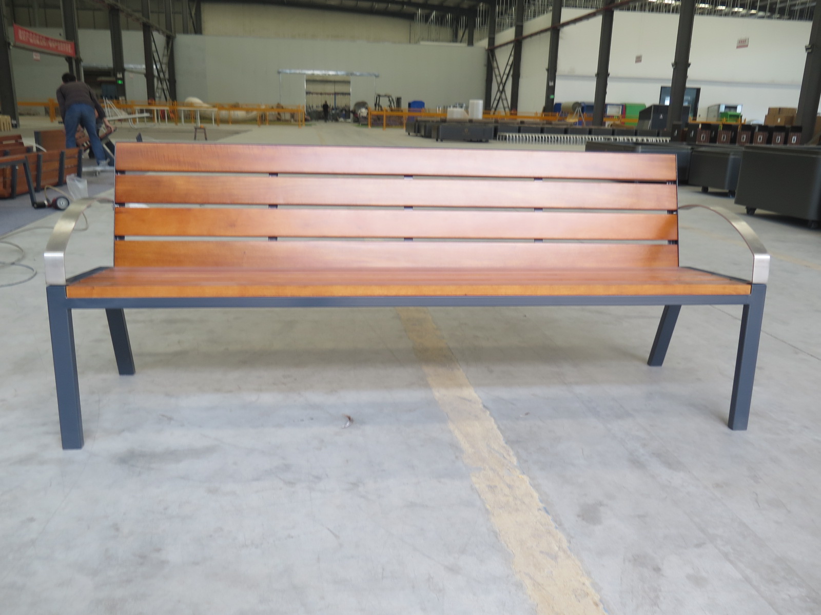 	Durable park outdoor bench with anti-rust steel legs and solid wood panels