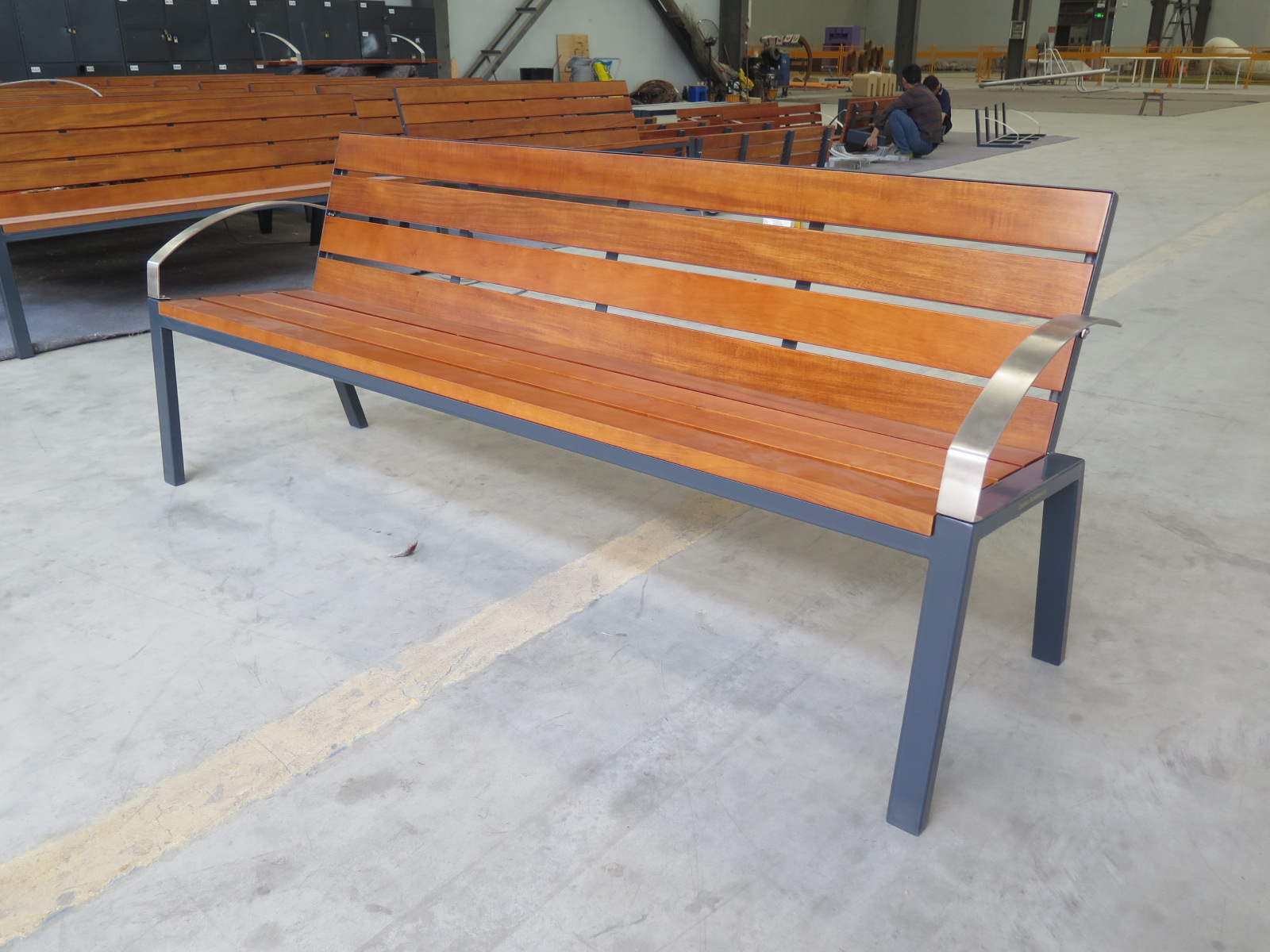 Modern garden outdoor bench with metal frame and natural wood slat design