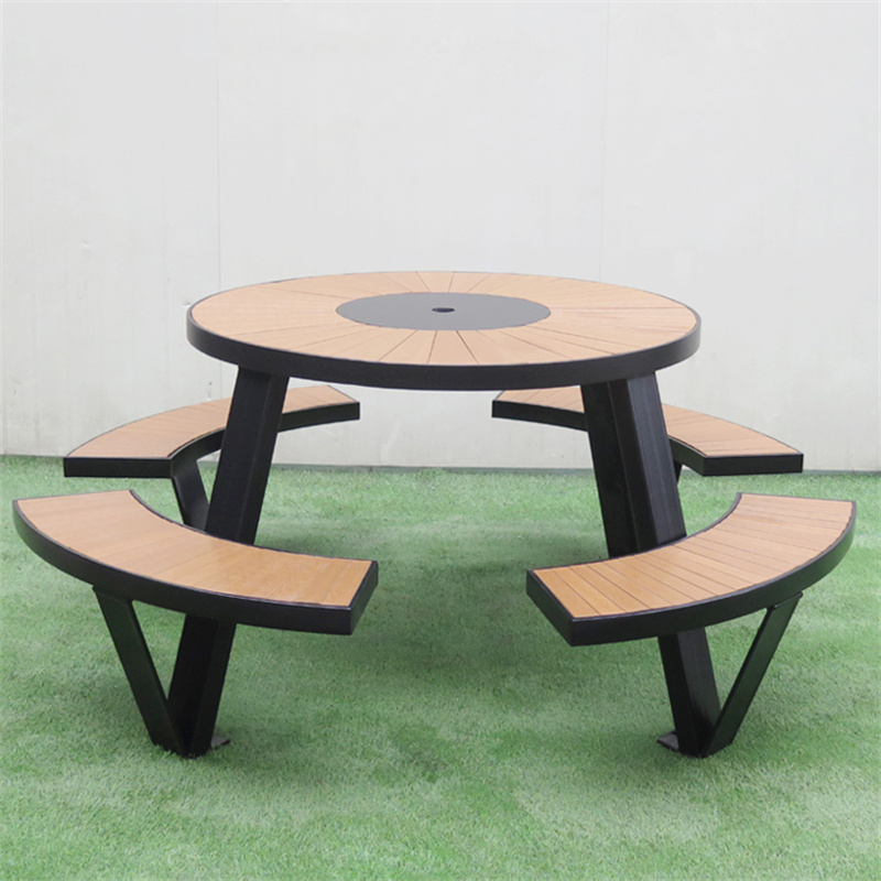 Outdoor Park Street Round Modern design Wood Picnic Table Set With Umbrella Hole 8