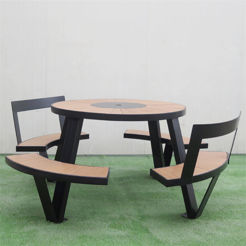 Outdoor Park Street Round Modern design Wood Picnic Table Set With Umbrella Hole 9