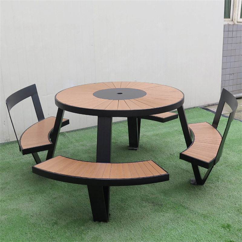 Outdoor Park Street Round Modern design Wood Picnic Table Set With Umbrella Hole 7