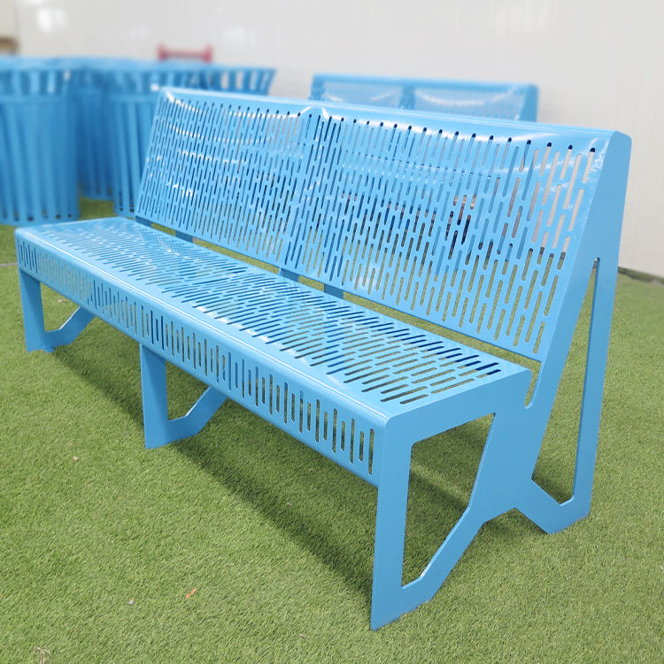 Perforated Metal Benches Commercial Steel Blue Outdoor Bench With Backrest 2